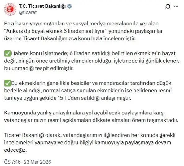 Ticaret Bakanlığı: Ankara'da Bayat Ekmek 6 TL'den Satılmıyor