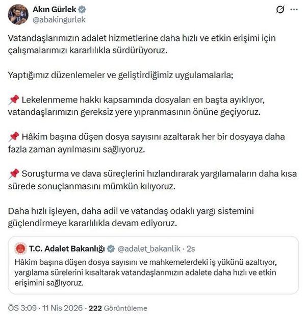 Adalet Bakanı Akın Gürlek: Yargıda Dosya Sayısını Azaltarak Reformlar Sürüyor