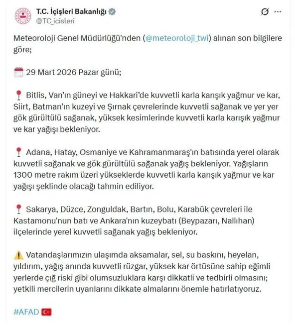 İçişleri Bakanlığı 18 İlde Kar ve Sağanak Yağış Uyarısı Yaptı