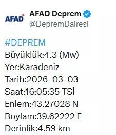 Karadeniz Açıklarında 4.3 Büyüklüğünde Deprem Meydana Geldi